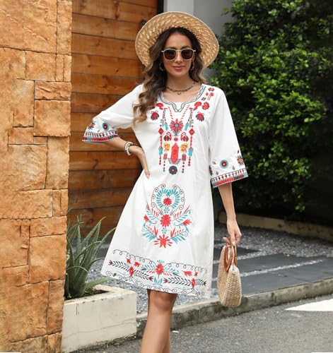 Image of Higustar Mexican Embroidered Dress Summer Cotton Bohemian Flower Peasant Traditional Mexico Fiesta Boho Dresses for Women