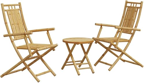 Miniatura 2 de Juego de bistró plegable de bambú compacto, muebles de patio al aire libre, mesa redonda y 2 sillas, estilo rústico para balcón, jardín, terraza,