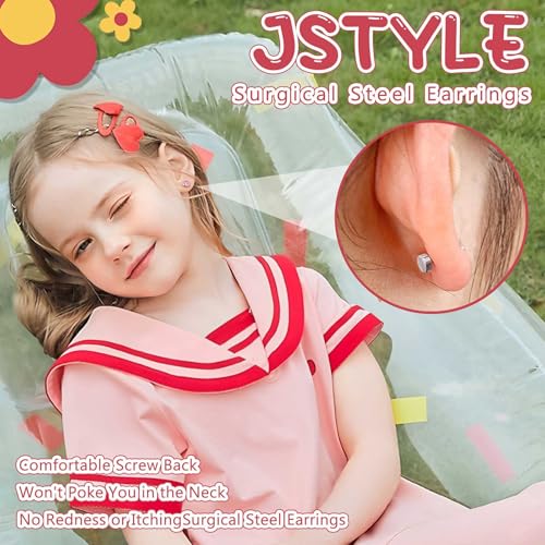 Jstyle Hypoallergenic Surgical Steel Earrings for Girls Women Stainless Steel Flat Back Earrings Set Colorful Cute Pearl Ball Flower Heart Stud Earring for Girls Jewelry4