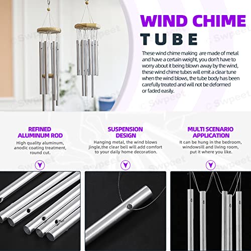 Swpeet 60Pcs Wind Chime Tubes Kit with 100 Yard Wire and Swivel Hooks, Wind Chime Part Kit, Silver - Image 4