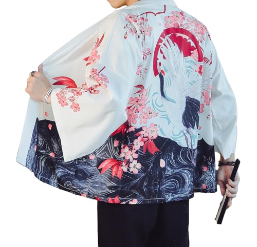 Image of PRIJOUHE Men's Lightweight Kimono Jacket Seven Sleeve Open Front Cardigan Coat Japanese Style Bathrobe