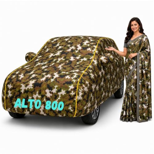 Image of Waterproof Car Body Cover for Alto 800 All Weather Protection Comes with Inner Cotton Lining & Triple Stitched with Mirror & Antenna Pocket Belt & Elastic Fit Army with Yellow Piping