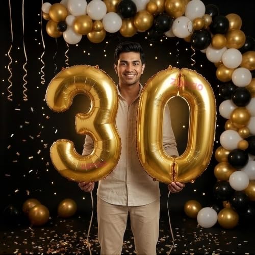 Image of Balloonistics Gold 40-Inch Foil Number 30 Balloon - Fill with Helium or Air for 30th Birthday, Anniversary Party Decoration, Photo Booth Backdrop, Cake Table Decor