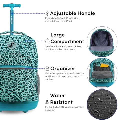 Image of J World Sunrise Kids Rolling Backpack with Wheels for Girls Boys, Roller Bookbag for School, 18 x 13 x 9 Inches, Mint Leopard