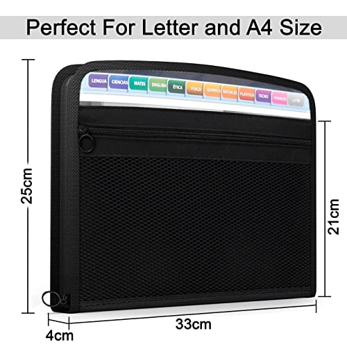 Image of NISUN 13 Pocket Expanding File Folder with Sticky Labels, Letter /A4 Paper Accordion File, Document Organizer with Zipper Closure, Certificate File Holder for School Home Office (Black, 33 * 4 * 25cm)