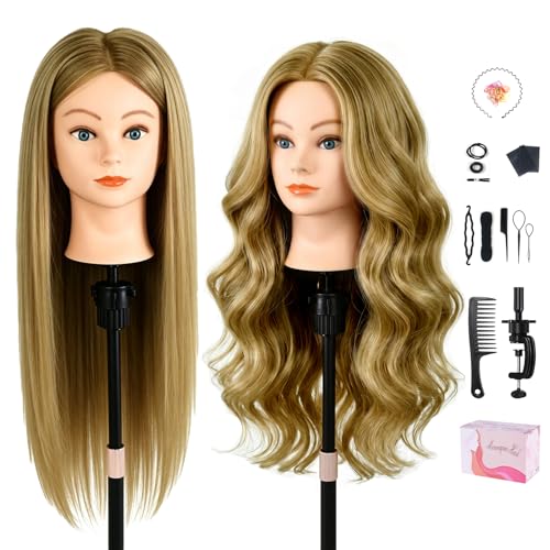 TopDirect 80% Mannequin Head Human Hair,26"Real Hair Cosmetology Mannequin Manikin Head Hair Braiding Hairdressing Practice Training Doll Head Styling with Clamp Holder and Tools(Ash Brown)