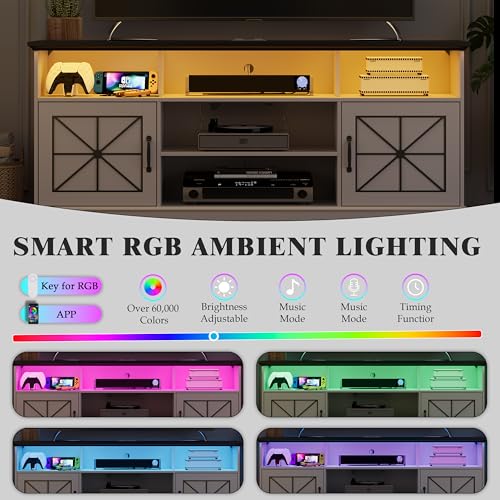 Image of Xixini Farmhouse TV Stand for 65 /60 /55 Inch Tvs, Rustic Entertainment Center with LED Lights and Power Outlets, Modern Media Console Table, Wood Television Furniture for Living Room, Bedroom, White