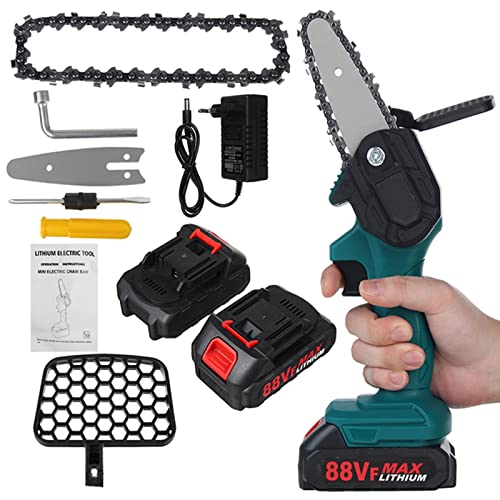 Handgeführte Kettensäge, 4-Zoll Akku-Kettensäge, Mini-Kettensäge, tragbare Schneideschere Kettensäge mit 2-Batterie und Ladegerät, Garten elektrische Säge, Holzbearbeitung Schneidesäge für DIY Cover