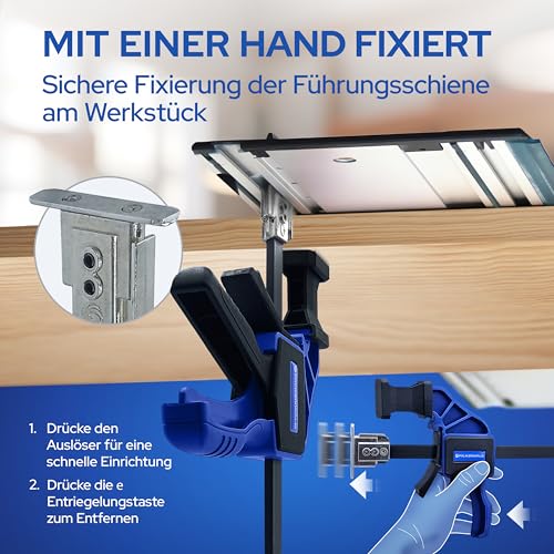 Falkenwald® Einhandzwinge Set 2 Stück für Bosch Führungsschiene - Zum Spannen, Dehnen, Fixieren mit einer Hand - Klemmzwinge für Bosch Führungsschiene - Spannzwinge Zwingen Einhandzwingen