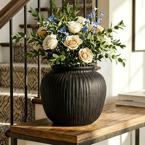 Oakrain Large Vase with Vertical Ribbed Texture, 9" Black Round Vase