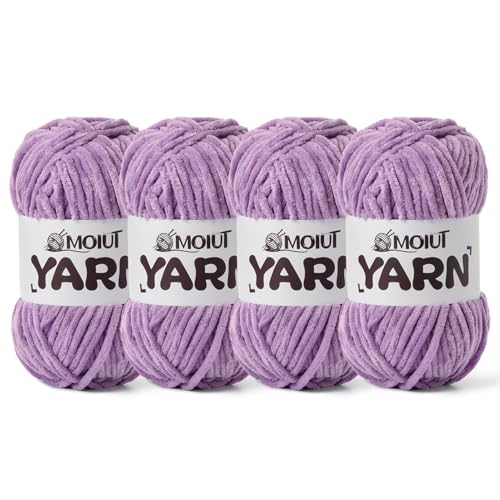 Image of 4 Packs Fluffy Chenille Yarn for Crocheting, Chunky Velvet Yarns for Crochet Amigurumi, Baby Yarn for Crocheting Soft Blanket, 349.9yds /14.1 oz Bulky Yarns for Crafts /Hats /Shoes /Socks (4Light Purple)