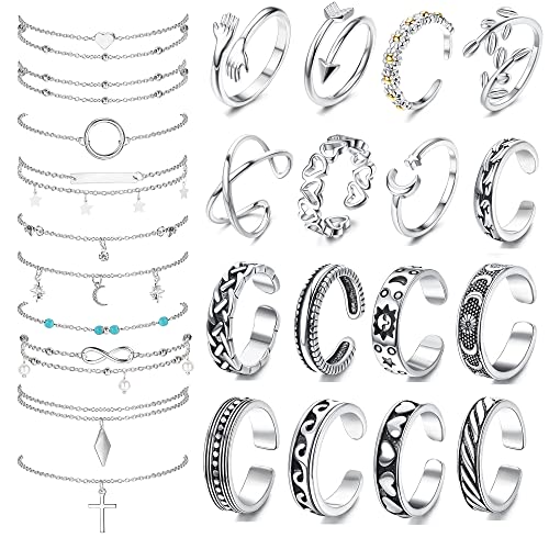 THUNARAZ 26Pcs Anklets and Toe Rings for Women Silver Plated Toe Rings Layered Ankle Bracelets Heart Open Adjustable Toe Rings for Summer Beach Foot Jewelry