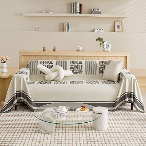 DREAMINGO Gray Sofa Covers for 3 Cushion Couch Reversible Beige Sectional Couch Cover L Shape Furniture Cover with Tassel Modern Geometric Sofa Slipcovers for Dog Pets,71"x150"