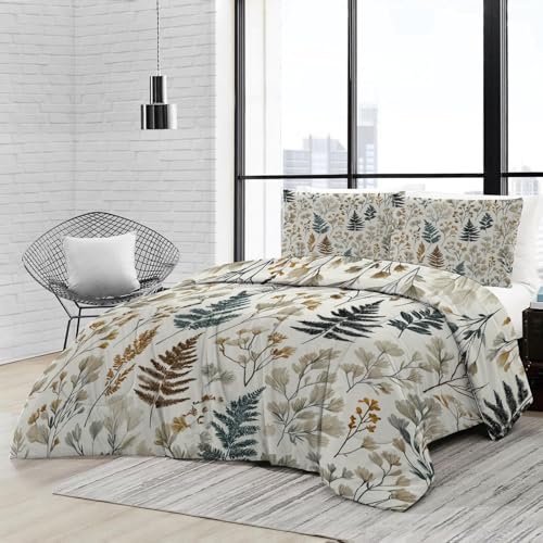 Couette 260x240cm Imprimée 4 Saisons pour Lit 2 Personnes, Feuilles Couette Vintage Plantes Fleurs Sauvages Édredon Chaud et Léger, Hellgrün Douce...
