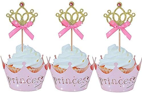 JeVenis 40 PCS Glittery Princess Cupcake Toppers Crown Cupcake Wrapper Crown Cupcake Toppers Baby Shower Cupcake Decorations for Birthday Baby Shower Party Decorations Supplies
