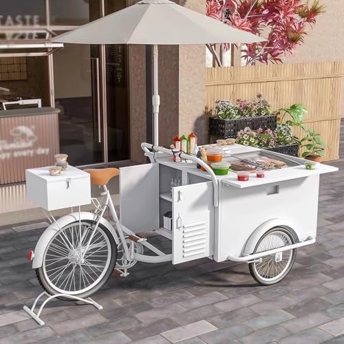 Mobile Tricycle Beverage Display Case with Umbrella, Ice Cream & Snack Vending Cart, Portable Food Showcase for Street Markets & Playgrounds, Storage Cabinet Included