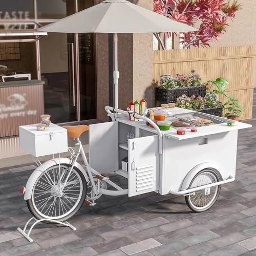 Triciclo de venta móvil con vitrina y almacenamiento para venta de aperitivos en entornos de calle y parque infantil