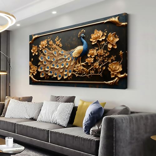 ZESTRILIA Pretty Peacock Wall Art for Living Room Office Gold Country Rustic Retro Asian Canvas Painting Prints Golden Vintage Elegant Peackock Artwork Dining Bedroom Decor Large (46x23 Inches)
