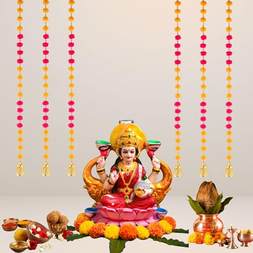 Image of Prapti Handicrafts Handmade Wall and Door Hanging for Home Decor | Diwali Ganesh Pooja Backdrop | Wedding and All Festival Decoration | Decorative Items Pack of 6 Pompom String