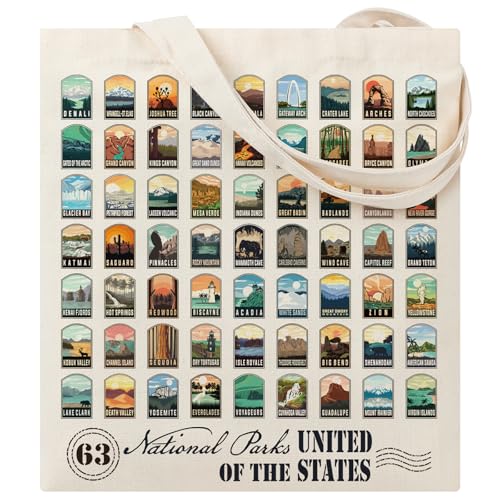 Familavida 63 National Parks Illustrated Tote Bag 100% Cotton Natural Canvas Bag Ideal Gifts for National Park Lovers Outdoor Adventures and Everyday Use