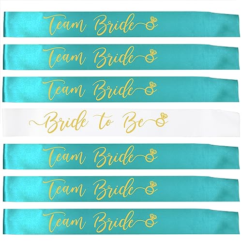 SKJIAYEE 7pcs Bachelorette Party Bride Sashes Set- White Gold Letters Bride to be Sash and Team Bride Sashes for Bachelorette Party Decorations-Bridal Shower Party Favors Gift (White+Teal)