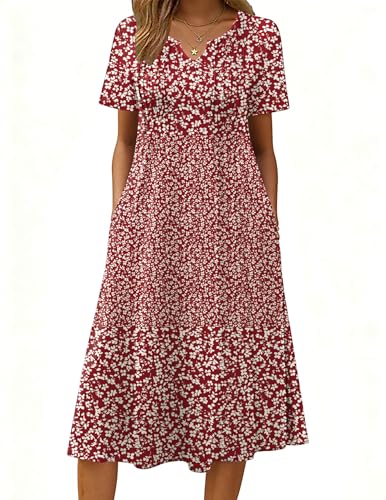 Zeagoo Empire Waist Dress for Women Summer Casual 2026 Floral Midi A-Line Flowy Pleated Short Sleeve Beach Vacation Hawaiian Tropical Work Boho with Pockets Loose V Neck