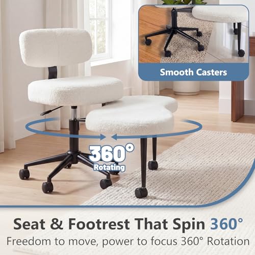 Image of DUMOS Ergonomic ADHD Meditation Office Desk Chair with Adjustable Backrest, Cross Legged Chair Height Adjustable with 360 Swivel Footstool, Yoga Stool for Home Office, Teddy Fabric White
