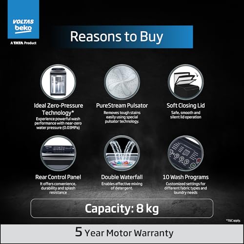 Image of Voltas Beko, A Tata Product 8 kg 5 Star Fully-Automatic Top Loading Washing Machine (WTL8006UEA / OBS1060, Grey, Double Waterfall Technology)