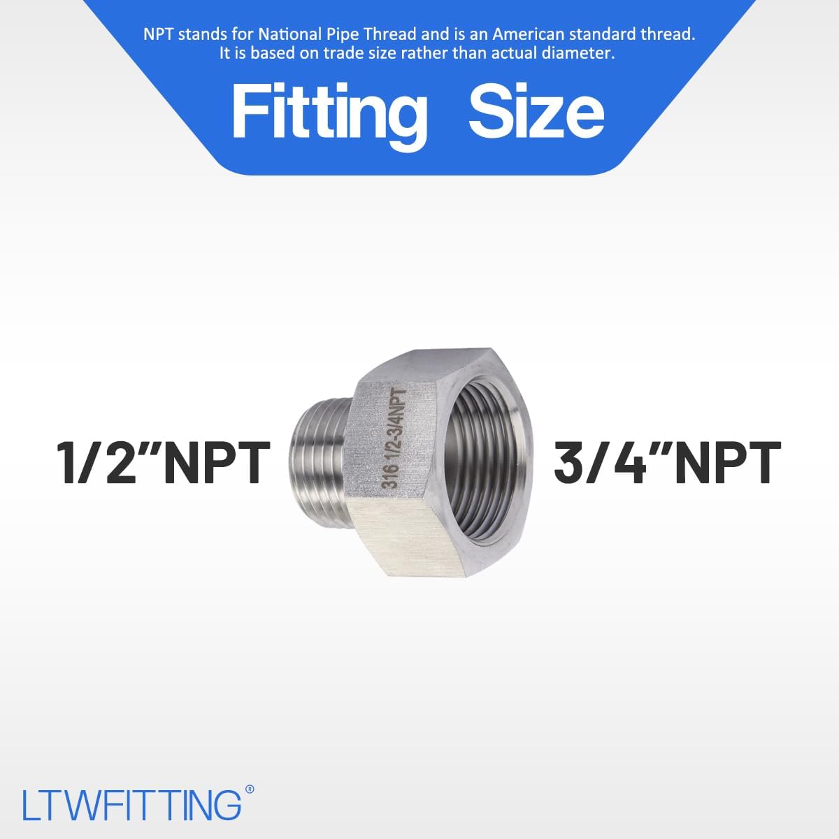 LTWFITTING Bar Production Stainless Steel 316 Pipe Fitting 3/4" Female x 1/2" Male NPT Adapter Air Fuel Water (Pack of 25)