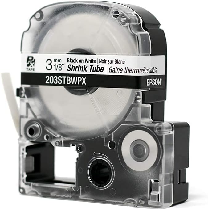 Epson LABELWORKS 203STBWPX Tape Cartridge - Black on White Shrink Tube Industrial Label Maker Tape - AWG 16-22, 1/8" (3MM) Wide, 8 ft (96")