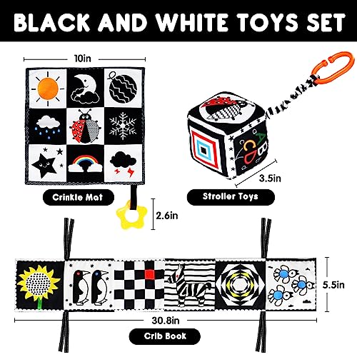 Jiosdo Baby Spielzeug 0-3 Monate, Kontrast Spielzeug Baby Stoffbuch Knistertuch Würfel, Kontrastbuch Schwarz Weiß, Black & White Kinderwagen Spielzeug Geschenksets Babyspielzeug 0 3 6 12 Monate(3PCS)