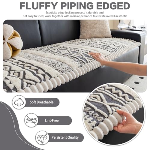 DREAMINGO Boho Plush Sofa Cover with Geometric Jacquard, Soft Fuzzy Pet Couch Protector for 2 Cushion Sofa, Non Slip Washable Dog Bed Mat 27.6x70.9 Inch, Grey — view 3