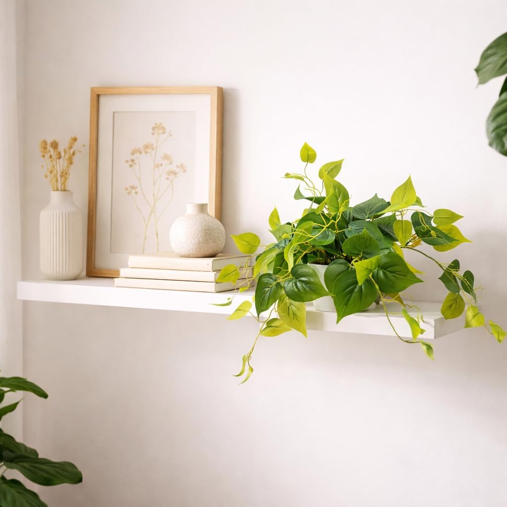 alyptus Fake Pothos Hanging Plants – Set of 2 Faux Ivy Vines Realistic Silk Devil’s Ivy for Indoor Décor, Low Maintenance Artificial Greenery for Home Bathroom or Office - Green with White Pots