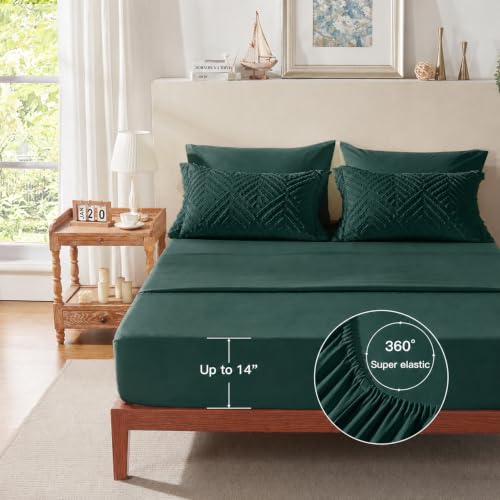 Image of Zzlpp Full Comforter Set 7 Pieces, Dark Green Tufted Bed in a Bag with Comforter and Sheets, All Season Boho Bedding Sets with Comforter, 2 Pillow Shams, 2 Pillowcases, 1 Flat Sheet, 1 Fitted Sheet