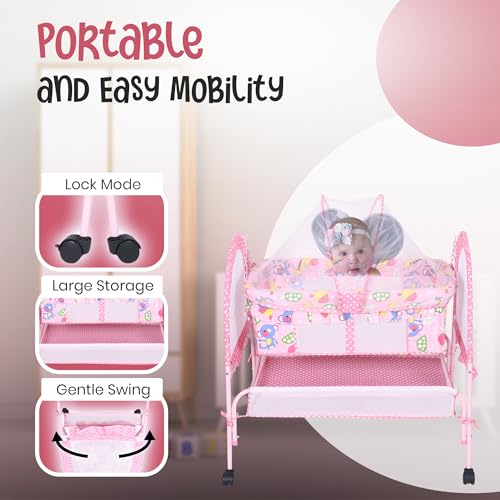Image of FLIPZON Baby Cradle with Mosquito Net & Lockable Wheels | Foldable Baby Jhula /Palna with Storage Basket & Soft Mattress | Portable Newborn Baby Bed Crib for Infants (Pink)