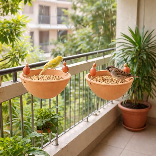 Image of Potter's Magic Hanging Bird Feeder and Water Bowl for Outdoor Garden | Dual Purpose Bird Food & Water Dish | Eco-Friendly Hanging Bird Feeding Station for Balcony, Patio & Backyard (Pack of 2)