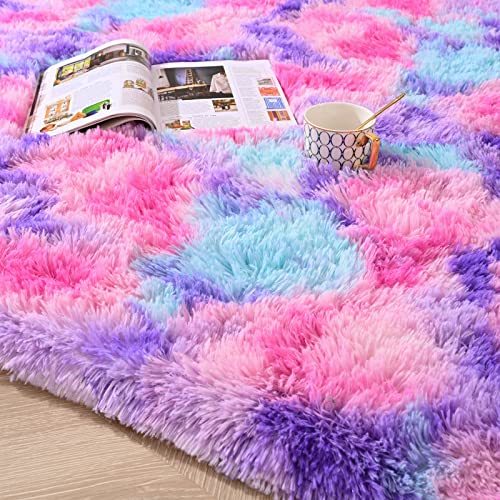 Junovo Soft Rainbow Area Rugs For Girls Room, Fluffy Colorful Rugs Cute Floor Carpets Shaggy Playing Mat For Kids Baby Girls Bedroom Nursery Home Decor, 4Ft X 6Ft Tie-Dyed Hot-Pink #TOP2