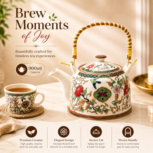 Image of MARKET 99 Japanese Design Ceramic Tea Pot, 900ml, High-Fired Tea Kettle for Loose Leaf, Green, Herbal & Flower Tea, Elegant Tea Maker for Home, Kitchen, Dining & Gifting