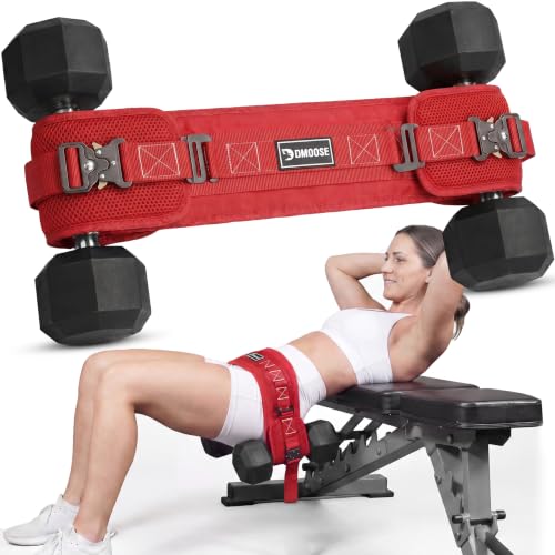DMoose Fitness Hip Thrust Belt - Dual-Strap Glute Builder for Dumbbells, Plates, Kettlebells (Supports up to 700 lbs) - Comfortable Padded Booty Belt for Home & Gym (Red)