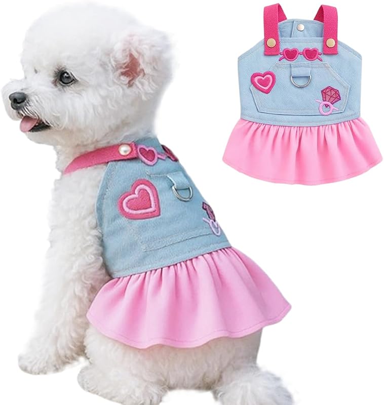 Vestido Jeans para Cães Pequenos com Saia Rosa, Estampa de Coração e Argola D para Guia JAAQUCD (X-Large)