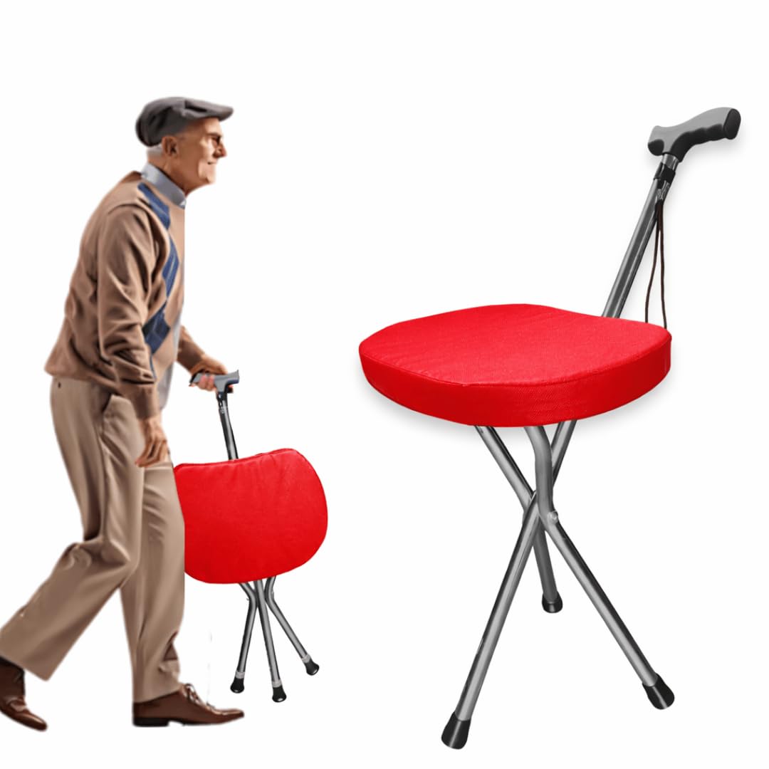 Crysendo Walking Stick Cum Seat for Elders | Stick Chair Folding Durable & Comfortable Cane stik Stool | Easy Carry Cane Chair Travel Hiking Hand Stick Cum Stool Red (3 Legs)-image-20