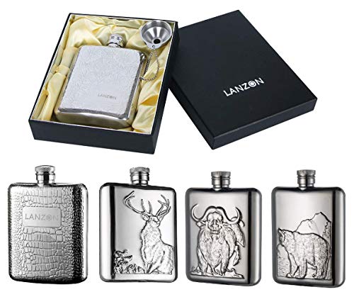 Image of Hip Flask with Funnel, All 18 /8 304 Food Grade Stainless Steel Curved Pocket Flask for Liquor | 6 OZ Capacity | Gift Boxed (Bear)