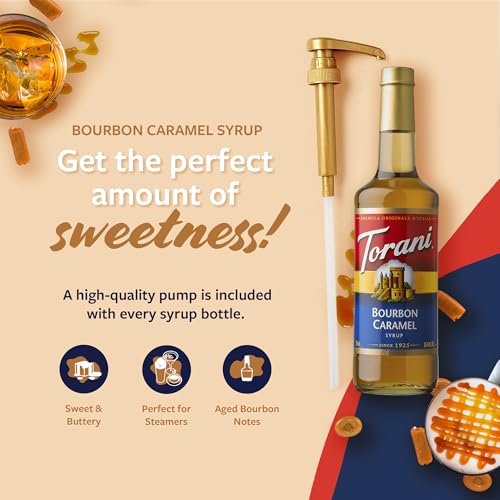 Image of Torani Coffee Syrup, Bourbon Caramel Flavoring for Drinks, Glass Bottle with Pump Included, 25.4 Fl Oz