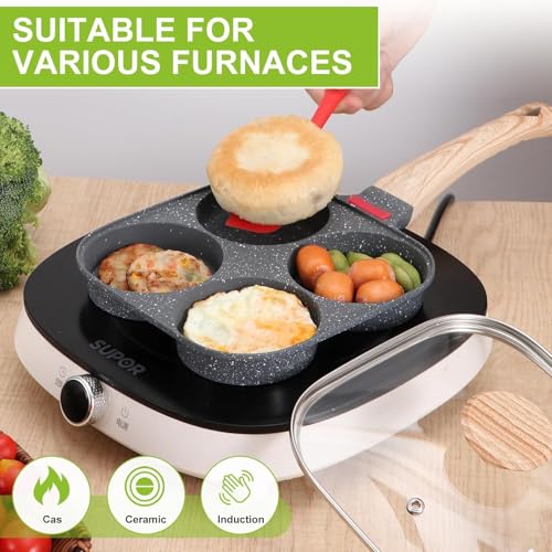 Image of Non-Stick 4-Hole Frying Pan for Cooking | Heavy-Duty Iron Egg Frying Pan with Wooden Handle | Multi-Section Omelette & Pancake Maker | Non-Stick Breakfast Skillet for Kitchen (Black)