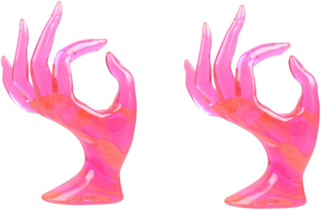 KALLORY Plastic Ring Display Stand Jewelry Holder Mannequin Hand Rack 8x17cm Pink 2pcs Set for Ring Storage and Jewelry Organization