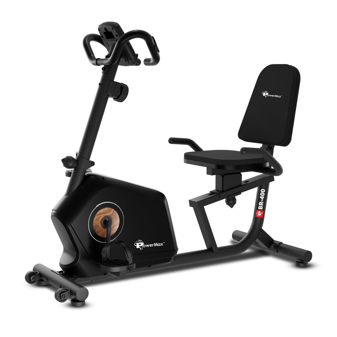 PowerMax Fitness BR-400 Recumbent Exercise Bike for Home | 120kg Max User gym cycle, 6KG Flywheel, 8-Level Magnetic Resistance | Adjustable Seat, LCD Display, Mobile Holder | Quiet Belt Drive Cardio