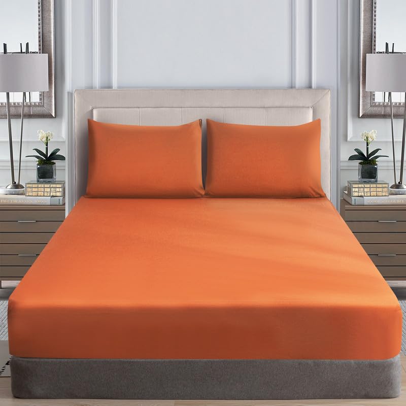 WEAVERS: Extra Deep Fitted Sheet - Super Soft Luxurious Microfiber, 40cm Deep Pockets, Elasticized design that ensures a snug fit. (Colour Orange Size Double)