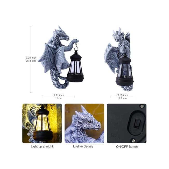 Goodeco Dragon Tree Hugger Solar Lantern Garden Statue, 9.3 Inch Resin Dragon Decor for Outdoor
