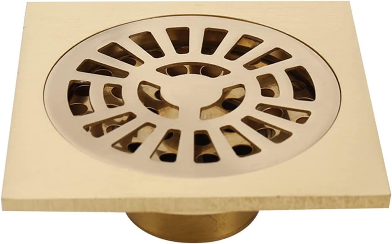 GLJTUO Shower Floor Drain Bathroom Tile Insert Floor Drai 4 Inch Brass with Removable Cover Grid Grate,Square Floor Drainer with Hair Strainer for Kitchen Washroom Garage and Ba