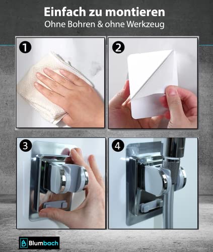 BLUMBACH® Duschkopfhalterung ohne Bohren - DAS ORIGINAL - Duschhalterung kleben statt Bohren - Neigung verstellbar, KU - silber, Duschkopf Halterung, Shower head holder mit extra starkem Klebepad